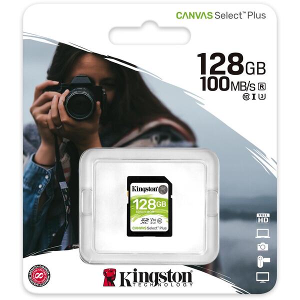 Card Memorie Kingston SDXC Canvas Select Plus, 128GB, Clasa 10 UHS-I U3, V30