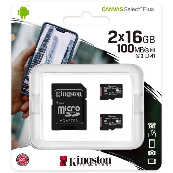 Card Memorie Kingston Micro SDHC Canvas Select Plus 100R, 16GB, Clasa 10, UHS-I + Adaptor, 2 Pieces