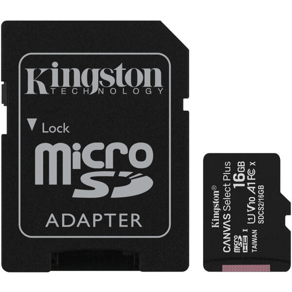 Card Memorie Kingston Micro SDHC Canvas Select Plus 100R, 16GB, Clasa 10, UHS-I + Adaptor, 2 Pieces