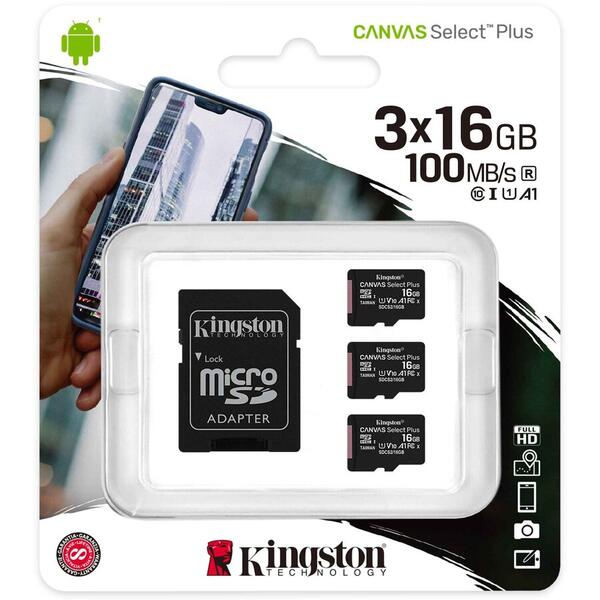 Card Memorie Kingston Micro SDHC Canvas Select Plus 100R, 16GB, Clasa 10, UHS-I + Adaptor, 3 Pieces