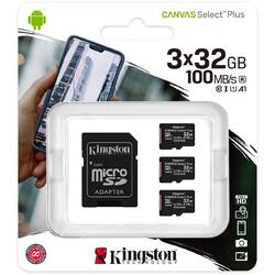 Micro SDHC Canvas Select Plus 100R, 32GB, Clasa 10, UHS-I + Adaptor, 3 Pieces