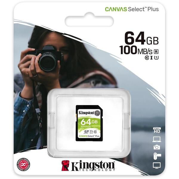 Card Memorie Kingston SDXC Canvas Select Plus, 64GB, Clasa 10 UHS-I U1, V10