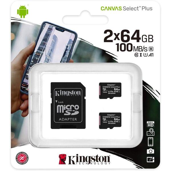 Kingston Micro SDXC Canvas Select Plus 100R, 64GB, Clasa 10, UHS-I + Adaptor, 2 Pieces