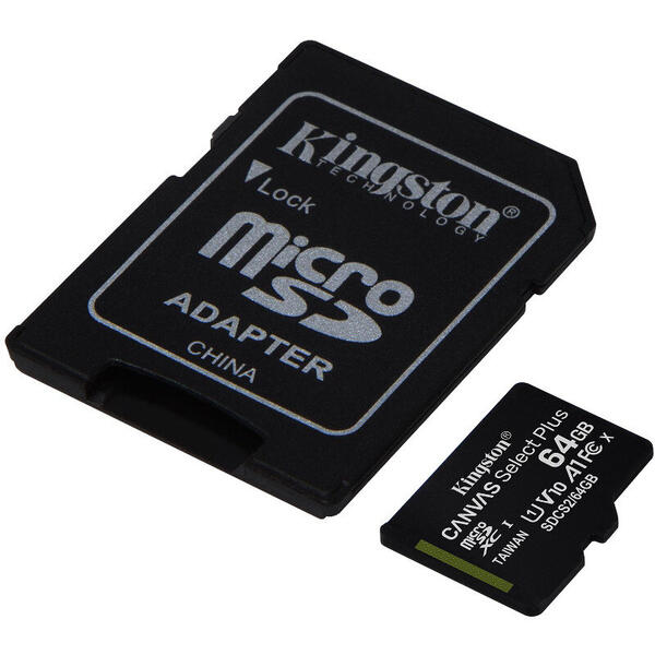 Kingston Micro SDXC Canvas Select Plus 100R, 64GB, Clasa 10, UHS-I + Adaptor, 2 Pieces