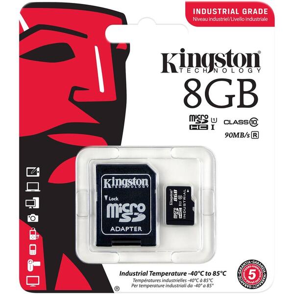 Kingston Micro SDHC Industrial, 8GB, Clasa 10, UHS-I + Adaptor SD