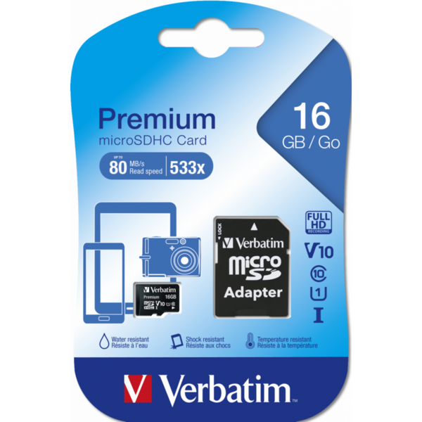 Verbatim Premium U1 Micro SDHC, 16GB, Clasa 10 + Adaptor SD