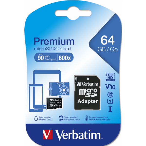 Verbatim Premium U1 Micro SDXC, 64GB, Clasa 10 + Adaptor SD