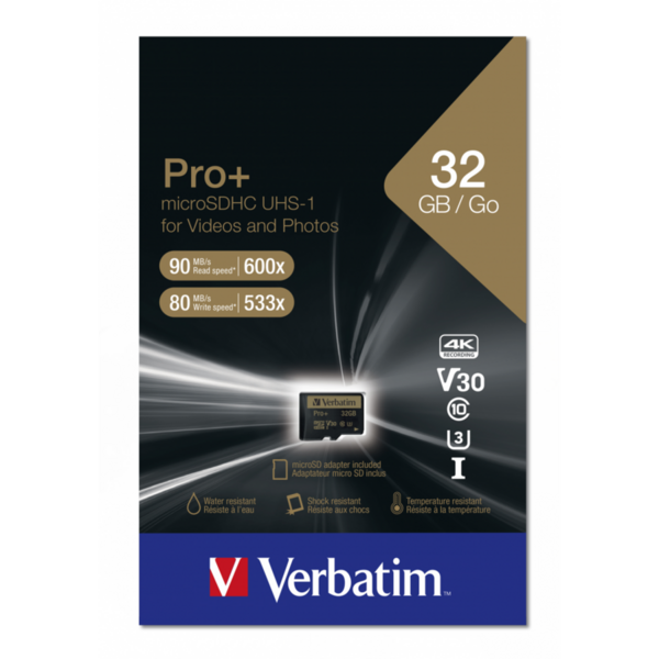 Card Memorie Verbatim Pro+ Micro SDHC, 32GB, Clasa 10, UHS-I U3 + Adaptor SD