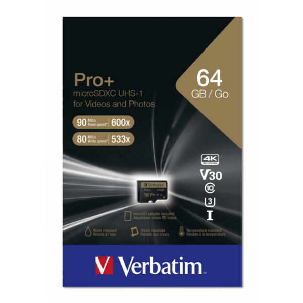 Verbatim Pro+ Micro SDXC 64GB, Clasa 10, UHS-I U3 + Adaptor SD