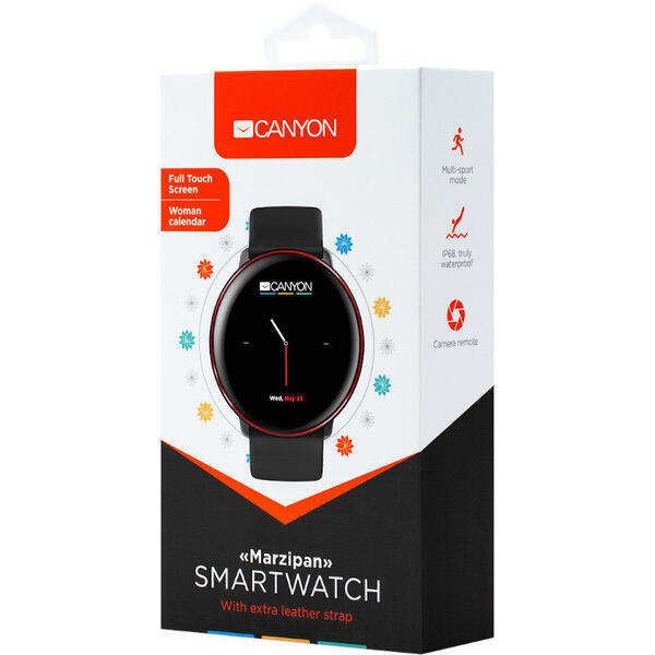 SmartWatch Canyon Marzipan, IPS, IP68, Aluminiu negru-rosu, curea silicon negru