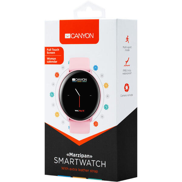 SmartWatch Canyon Marzipan, IPS, IP68, Aluminiu roz, curea silicon roz