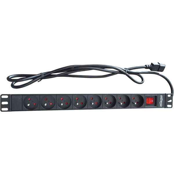 PDU Gembird 1U pentru rack 19", 8 prize Schuko, maxim 16A, fara protectie, on/off, cablu 3m, black, "EG-PDU-012-C14"