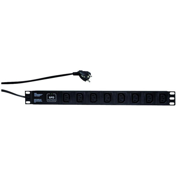 PDU Logilink 1U pentru rack 19", 8 prize IEC, maxim 16A, protectie la supratensiune, cablu 2m, Invelis aliaj aluminiu, black, "PDU8A01"