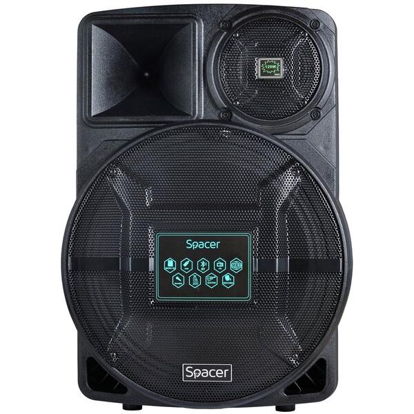 Boxa portabila Spacer tip troler, RMS: 120W, 15" woofer, Bluetooth, Acumulator 4.5A, Remote control, Wireless microphone, Black