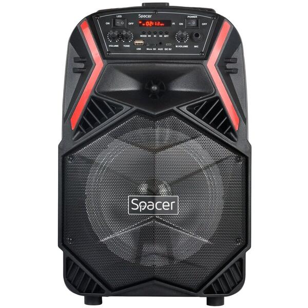 Boxa portabila Spacer tip troler, RMS 35W, 8" woofer, acumulator 3.7V 1800 mAh, USB/microSD, Remote control, Wireless microphone, Black