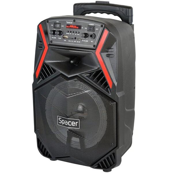 Boxa portabila Spacer tip troler, RMS 35W, 8" woofer, acumulator 3.7V 1800 mAh, USB/microSD, Remote control, Wireless microphone, Black