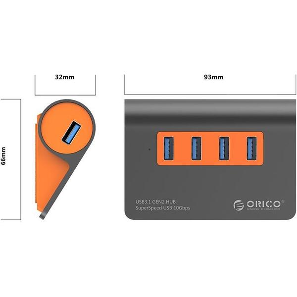 Hub USB Orico M3H4-G2 USB 3.1  Gri cu Portocaliu