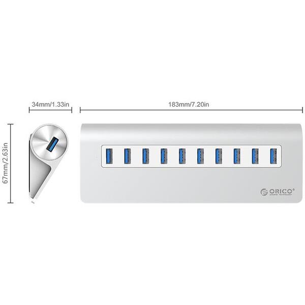 Hub USB Orico M3H10 V1 Aluminiu 10 port-uri USB 3.0 Argintiu