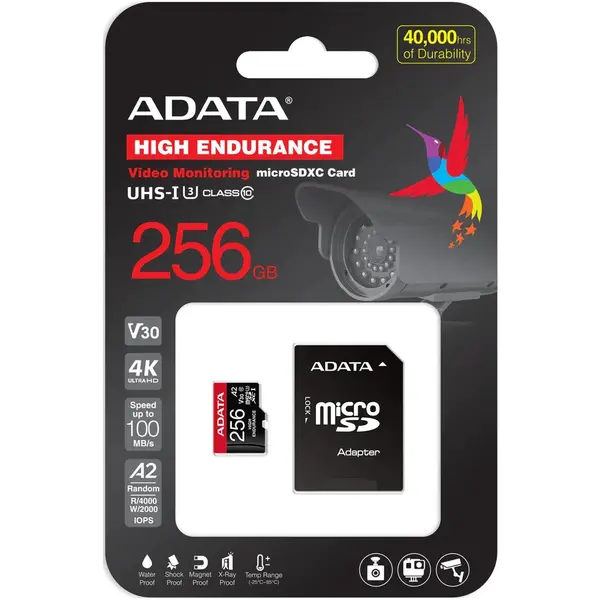 ADATA Endurance, MicroSDXC, 256GB, UHS-I V30, 100MB/s, Class 10 + Adaptor