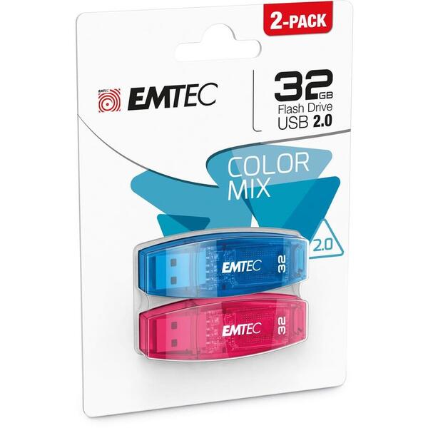 Memorie USB EMTEC C410 Color Mix 2.0 32GB USB 2.0, Pack x 2, Blue Red