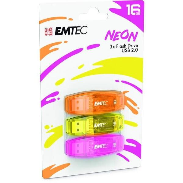 Memorie USB EMTEC C410 Color Mix 2.0 16GB USB 2.0, Neon Pack x 3