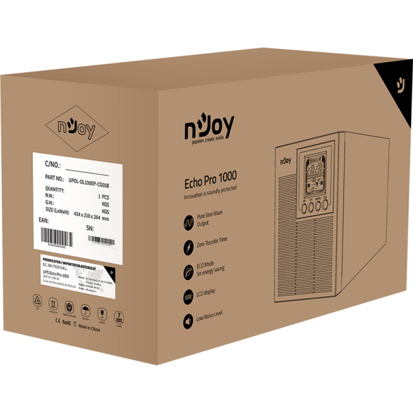 UPS nJoy Echo Pro 1000, Online dubla conversie, 1000 VA, 800 W, Sinusoida pura, Tower, 3 x Schuko