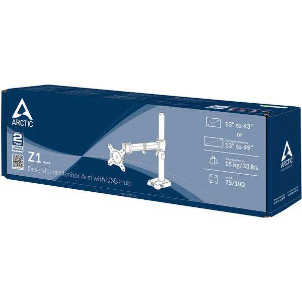 Suport monitor de birou Arctic Z1 Gen 3 USB 2.0 HUB 4 poturi Negru