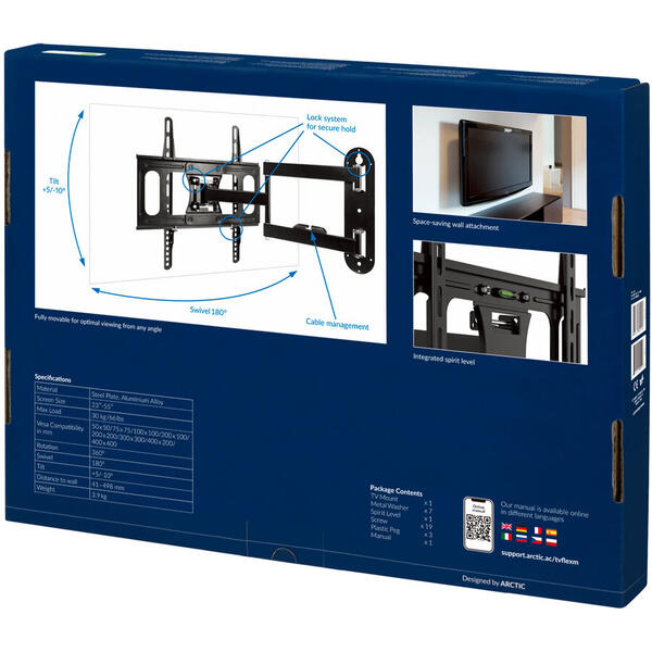 Suport TV Arctic TV Flex M, de perete, Mobil, Negru