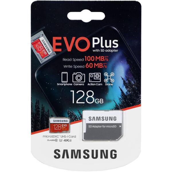 Samsung MicroSDXC, EVO Plus, 128GB, Clasa 10, UHS-1 + Adaptor SD