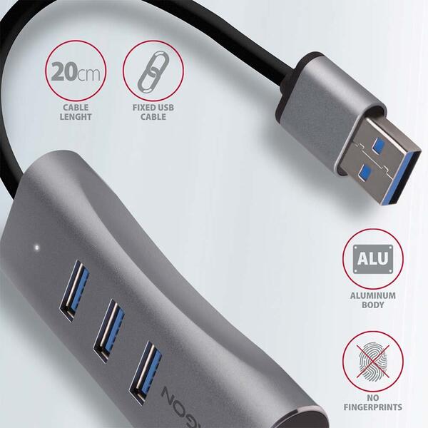 Hub USB AXAGON 3 x USB 3.2 + 1x RJ-45, Gri