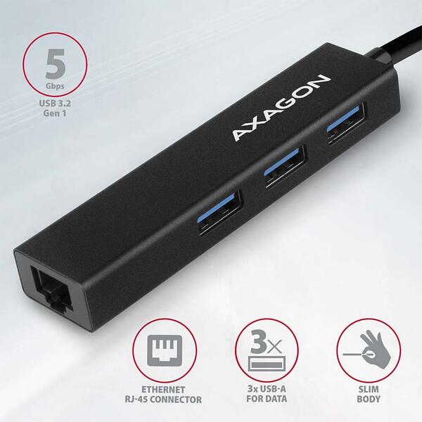 Hub USB AXAGON 3 x USB 3.2 + 1x RJ-45, Negru