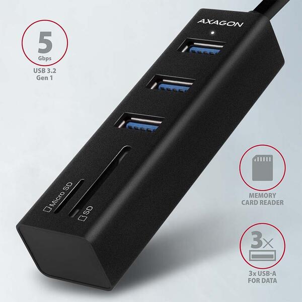 Hub USB AXAGON 3 x USB 3.2 + SD/microSD card reader