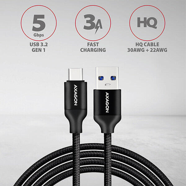AXAGON Cablu de date si incarcare USB 3.2 Type-C, 1 metru, Negru
