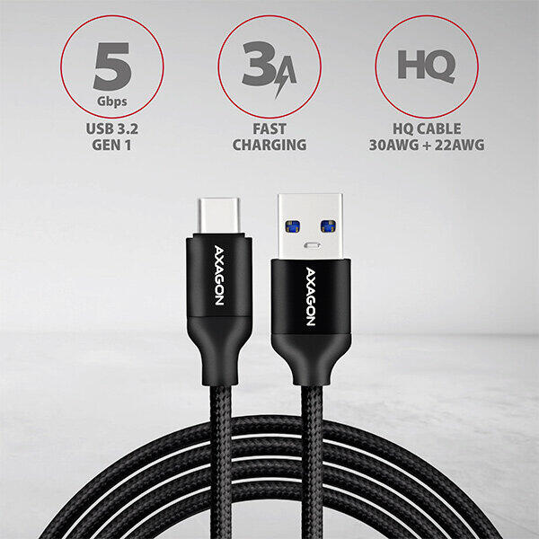 AXAGON Cablu de date si incarcare USB 3.2 Type-C, 1 metru, Negru