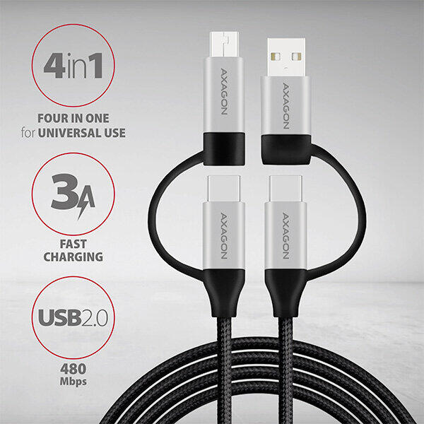 AXAGON Cablu de date si incarcare 4 in 1 USB 2.0 Type-C, 2 metri, Negru