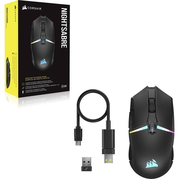 Mouse gaming Corsair Nightsabre Wireless, 26000 DPI, RGB, Negru