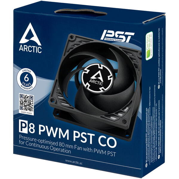 Ventilator PC Arctic P8 PWM PST CO, 80 mm, 200 - 3000 rpm, Continous Operation, Negru