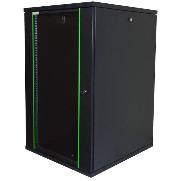 Cabinet Metalic Deckro 18U 600x600, de perete, usa din sticla, panouri detasabile si securizate, dezasamblat, Negru