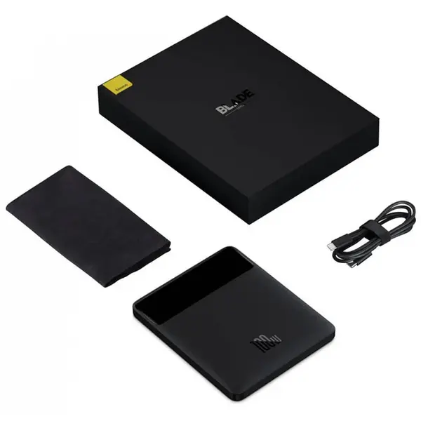 Baterie externa Laptop/Telefon Baseus Blade, 20000mAh, PD 100W, ultra thin, 2 x USB; 2 x USB Type-C, display digita, 5A, Black