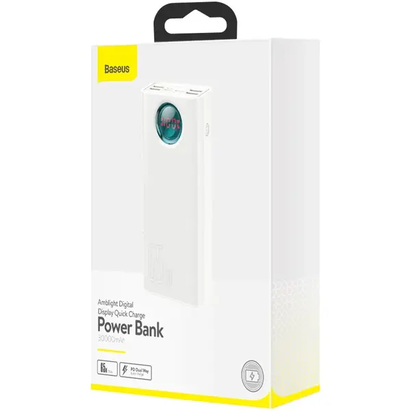 Baterie externa Baseus Ambilight, 30000mAh, 65W, 4 x USB; 1 x USB Type-C, digital display, Alb