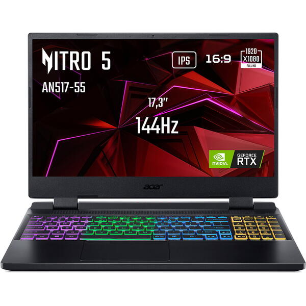 Laptop Gaming Acer Nitro 5 AN517-55, 17.3 inch FHD IPS 144Hz, Intel Core i7-12650H, 16GB DDR5, 1TB SSD, GeForce RTX 4060 8GB, Black