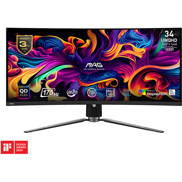 Monitor Gaming MSI MAG 341CQP Curbat 34 inch UWQHD QD-OLED 0.03 ms 175 Hz USB-C HDR