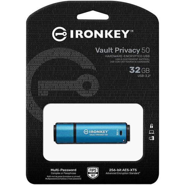 Memorie USB Kingston IronKey Vault Privacy 50C, AES-256 Encrypted 32GB USB Type C Blue