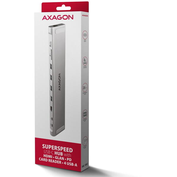 Hub USB AXAGON HMC-10HLS, 	USB 3.2, 4x USB-A, RJ-45, HDMI, SD/ microSD