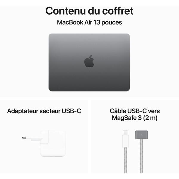 Laptop MacBook Air 13 with 16.6 inch Liquid Retina, Apple M3 chip (8-core CPU), 16GB, 512GB SSD, Apple M3 10-core GPU, macOS, Space Grey, INT keyboard, 2024