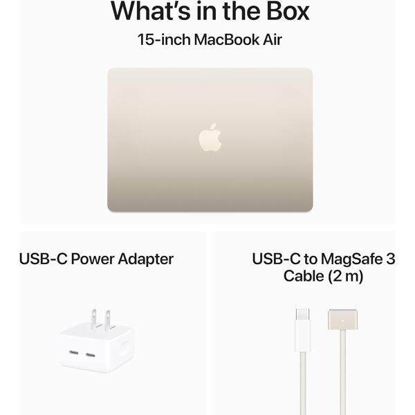 Laptop MacBook Air 15, 15. inch Liquid Retina, Apple M3 chip (8-core CPU), 24GB, 512GB SSD, Apple M3 10-core GPU, macOS, Starlight, INT keyboard, 2024