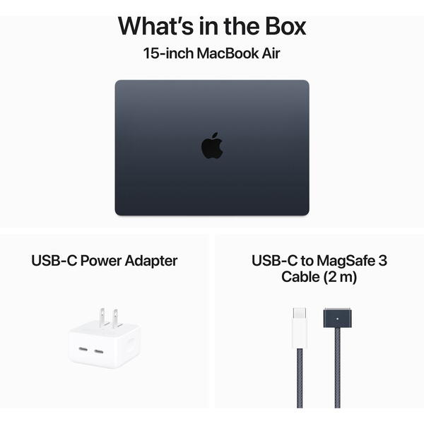 Laptop MacBook Air 15 with Liquid Retina, 15.3 inch Apple M3 chip (8-core CPU), 16GB, 512GB SSD, Apple M3 10-core GPU, macOS, Midnight, US keyboard, 2024