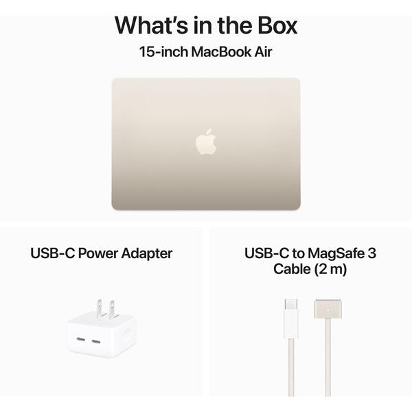 Laptop MacBook Air 15 with Liquid Retina, 15.3 inch Apple M3 chip (8-core CPU), 8GB, 512GB SSD, Apple M3 10-core GPU, macOS, Starlight, US keyboard, 2024