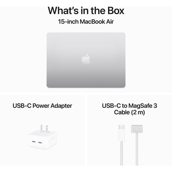 Laptop MacBook Air 15 with Liquid Retina, 15.3 inch Apple M3 chip (8-core CPU), 16GB, 512GB SSD, Apple M3 10-core GPU, macOS, Silver, INT keyboard, 2024
