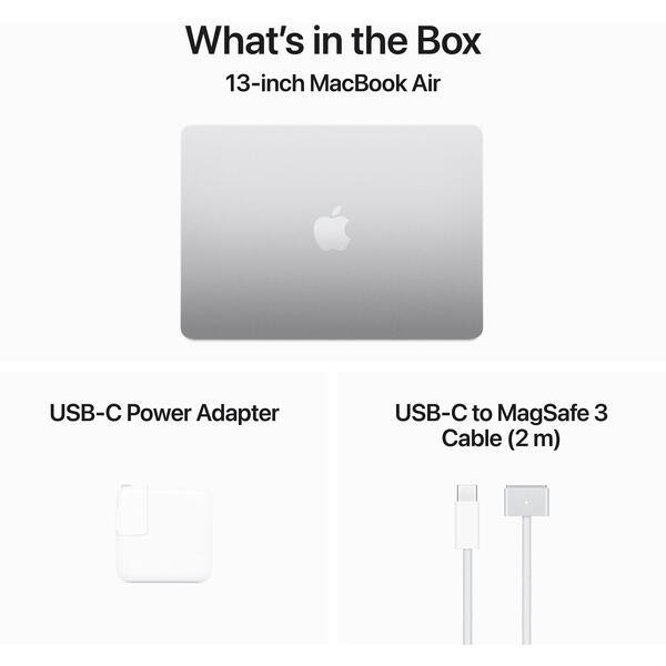 Laptop MacBook Air 13 with Liquid Retina (2024), 13.6 inch Apple M3 8-core, 16GB RAM, 512GB SSD, Apple M3 10-core Graphics, US KB, macOS, Silver